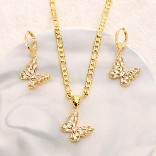 African vintage cz butterfly Pendant Necklace Gold Color Jewelry for Women wedding bridal party jewelry sets girls Gift