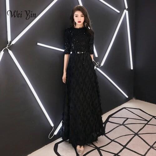 Wei yin 2021 New Evening Dresses The Bride Elegant Banquet Black Half Sleeves Lace Floor-length Long Prom Party Gowns WY1342