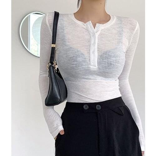 2021 Autumn Sexy O-neck Thin T-shirts For Women Long Sleeve Stretch Skinny Tops Tees Buttons Female Solid Base TShirt T037