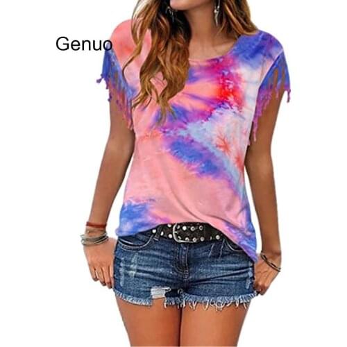 Women Cotton Tassel Casual T-shirt Sleeveless Tie-dyed Color Tees O-neck Womens Clothing T Shirt Hot Sales 2020