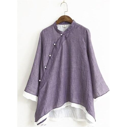 Women Cotton Linen Vintage Tunic Blouse Summer Ladies Stand Collar Button Tops Shirt Feminine Casual Loose Long Sleeve Clothes