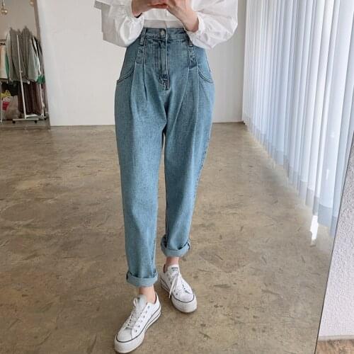 Autumn 2021 New Classic Womens Jeans Mid Waist Blue Denim Harem Pants Retro Washed Streetwear Straight Trousers Female
