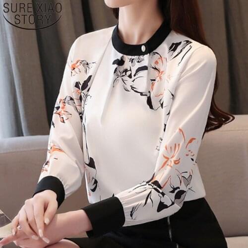 2020 Ladies Tops Womens Tops and Blouses Chiffon Blouse for Women Tops Button Print O-Neck OL Shirts Women Korean Tops 8521 50