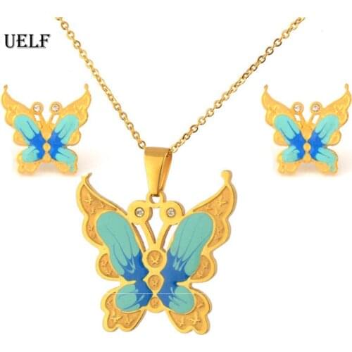 UELF Stainless Steel Enamel Jewelry Sets for Women Wedding Necklace Pendant Hoop Earrings Elegant Cubic Zirconia Butterfly