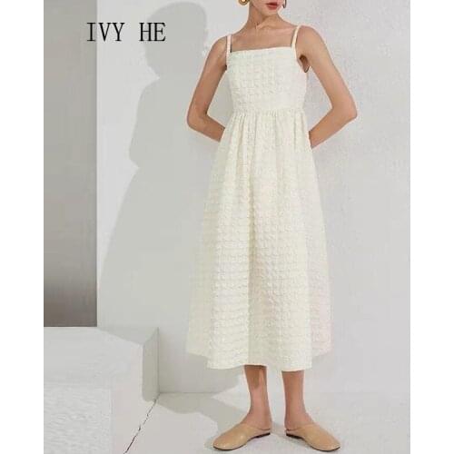 IVY HE High Quality Summer Womens Dress Vintage Casual Bubble Relief New Off Shoulder Slim Versatile Suspender Party Dresses ZA