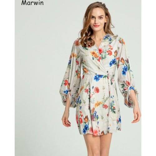 Marwin 2020 Spring Summer High Street Three Quarter Lantern Sleeve Empire A-Line Knee-Length Floral V-Neck Women Dresses