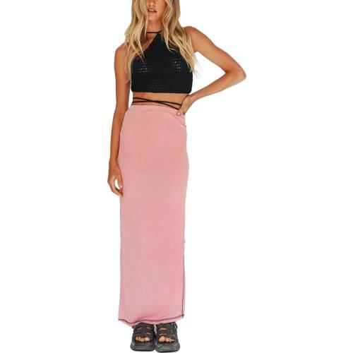 Hirigin New Fashion Women Casual Close-fitting Knitting Long Skirt Pink Elastic High Waist Slit Hip Skinny Dress