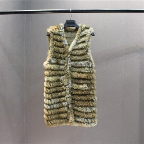 IANLAN New Womens Fashion Solid Long Vests Casual Real Rabbit Fur Waistcoat V-neck Ladies Striped Knitted Fur Gilets IL00516