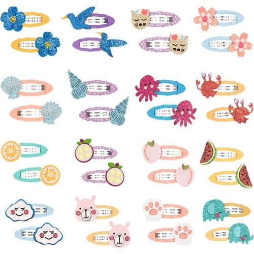 2PCS Glitter Hairclips Cartoon Fruit Marine Flower Clound Ribbon Wraped Waterdrop BB Clips Fashion Cute Baby Girl Hair Accesorry