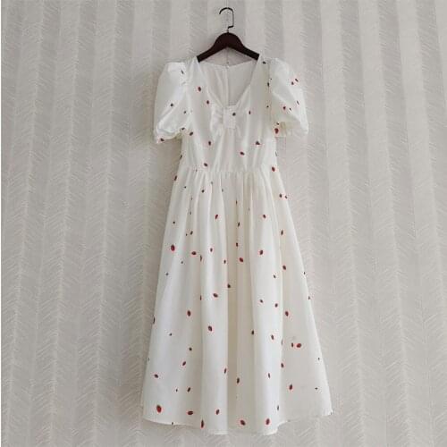 2021 summer strawberry printed women white dresses short-sleeve V-neck sweet women dress with bow