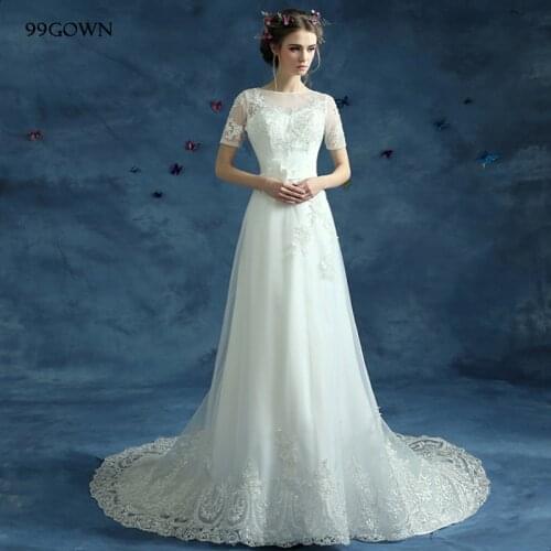 99GOWN Luxury Tulle Women Wedding Dress Short Sleeve Lace Cut-Our Elegnt Floor Long Wedding Dresses Wedding Gown