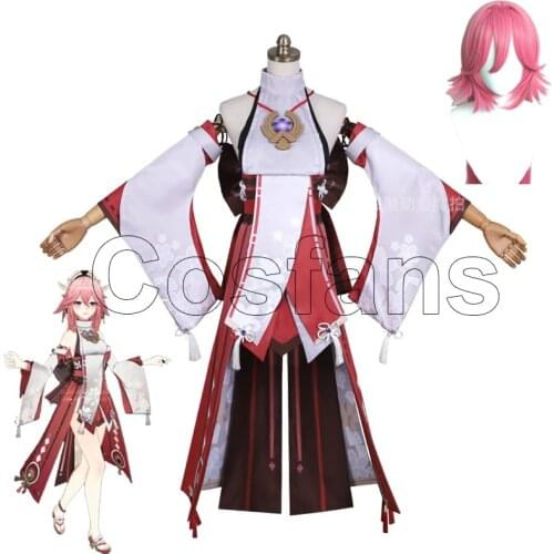 Anime Genshin Impact Yae Suit Gorgeous Kimono Lovely Uniform Full Set Cosplay Costume Game Yae Cosplay Pink 100cm Long Wig Hairs