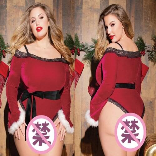 Large Size Christmas Costume Female Adult Role Play Long Sleeve Bodysuit Festival Outfit Red Romper M-3XL