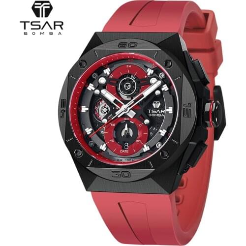 TSAR BOMBA Mens Watch 100M Waterproof Luminous Hands MIYOTA JS20 Movement Rubber Strap Wristwatch Luxury Stylish Chronograph