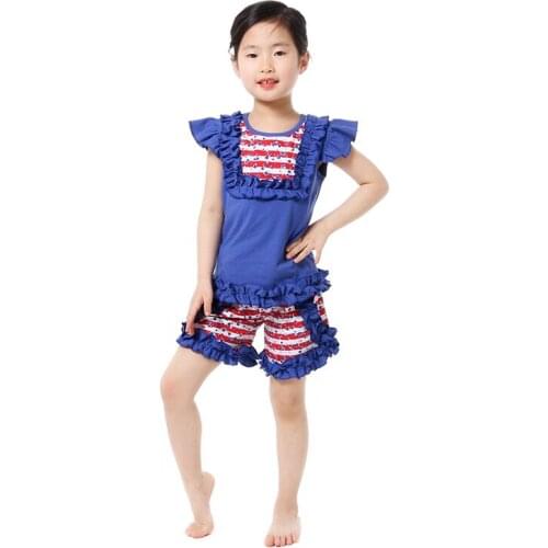 Kaiya Angel 4th Of July Children Clothes Royal Blue Shirts Red Stars Stripe Shorts Girls Clothes Cheaper Girls Set 1-8T