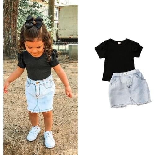 Children Clothing 1-5T Infant Kids Girls Summer Clothes Black Short Sleeve Top T Shirt Denim Skirt 2Pcs Set Outfit