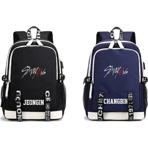 KPOP USB Stray Kids Backpack Black Blue School Bag JISUNG WOOJIN SEUNGMIN MINHO JEONGIN FELIX CHANGBIN HYUNJIN LJJ626