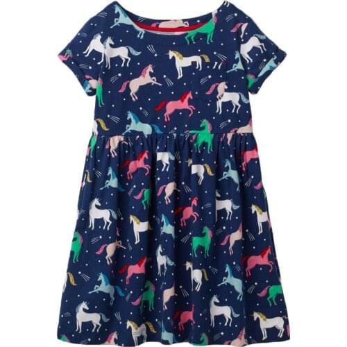 Little Maven New Summer Kids Sweet Colorful Horses Printed O-neck Girls 2-7yrs Short-Sleeved Cotton Knitted Casual Dresses