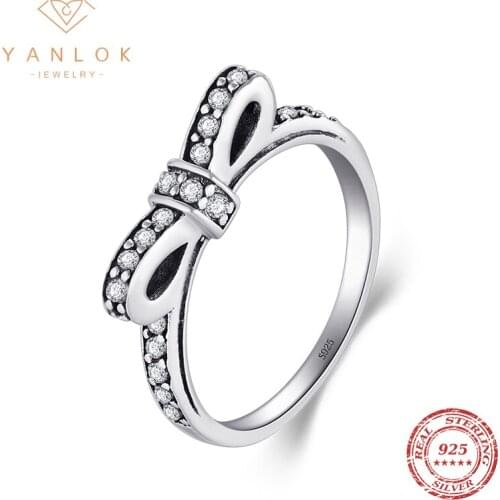 YANLOK 100% 925 Sterling Silver Elegant Bowknot FInger Ring Trendy Stackable Fine Jewelry For Women Girls Festivals Gifts Anel