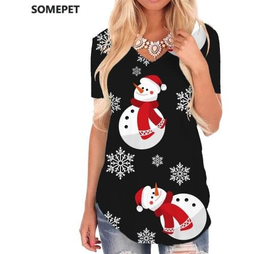SOMEPET Christmas T-shirt women Snowman V-neck Tshirt Snowflake T-shirts 3d Painting Tshirts Printed Womens Clothing Fashion