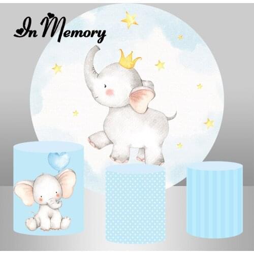 InMemory Newborn Baby Elephant Round Backdrop Cover Light Blue Gold Stars Boy 1st Birthday Party Circle Background Plinth Covers