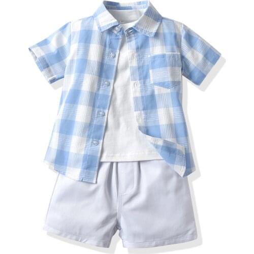 Kids Clothes Boy Costume Summer Infant Toddler Children Suits Cotton White T-shirt + Plaid Shirt + Shorts 3 PCS Outfits White