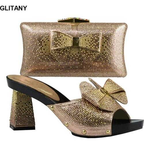 Shoes and Bag Set African Sets 2020 Peach Color Italian Ladies Shoes and Bag Set Decorated with Rhinestone African Shoes and Bag