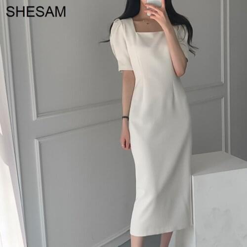 Korean Chic French Dress Show Thin Square Neck Sexy Dress Medium Length Split Bubble Sleeve Buttock Dress