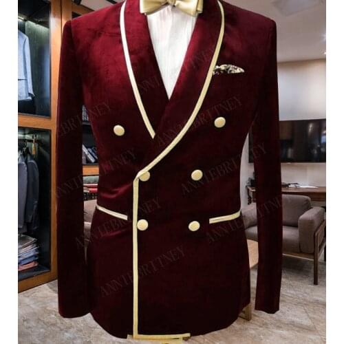 ANNIEBRITNEY Double Breasted Slim Fit Men Suit with Gold Lapel Velvet Prom Wedding Tuxedo Set Burgundy Jacket with Black Pants