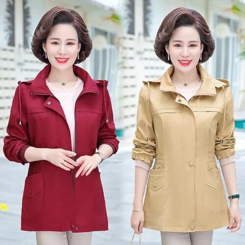 5XL New 2021Middle-aged Elderly Mothers Lapel Receive Waist Ladies Jacket Spring Autumn Elegance Women Casual Windbreaker Jacket