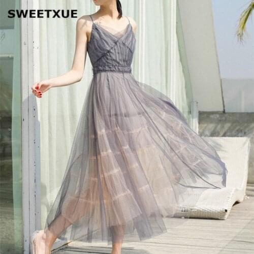 SWEETXUE Sweet Suspenders Mesh Party Dress 2019 Summer New V-Neck Slim Bohemian Seaside Holiday Beach Long Dresses Vestidos