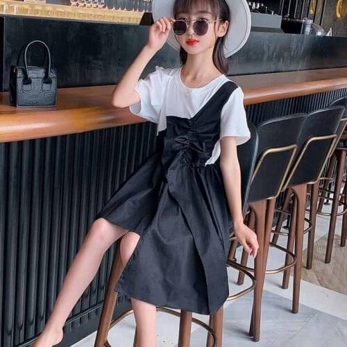 Summer Girls Dress 2021 New Fashion Black White One-Shoulder Strap Frilled Edges Bubble Sleeve Princess Dress ChildrenS Clothes