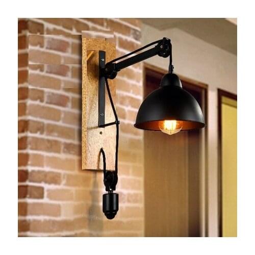 Loft Style Wood Iron Pulley Lifting Vintage Wall Light Fixtures Industrial Wind Edison Wall Sconce Stair Bedside Wall Lamp