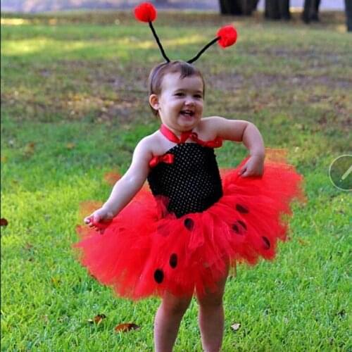 Cute Girls Red Ladybug Tutu Dress Baby 2Layers Crochet Tulle Dress with Hairbow Kids Animal Cosplay Costume Party Dress Clothing