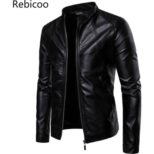 Mens Biker Moto Jacket Stand Collar Motorcycle Faux Leather Casual Jackets Fashion Male Black PU Coat Long Sleeve Large Size