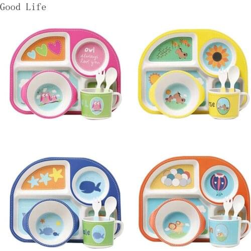 5PCS Childrens Tableware Gift Set Creative Bamboo Fiber Baby Food Supplement Grid Plate Bowl Cup Fork Spoon