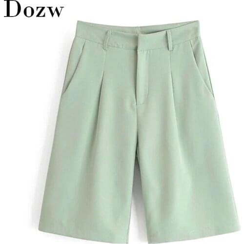 Solid Straight Half Length Pants Women High Waist Pleated Casual Pants Lady Baggy Fashion Loose Bottom Pantalon Femme