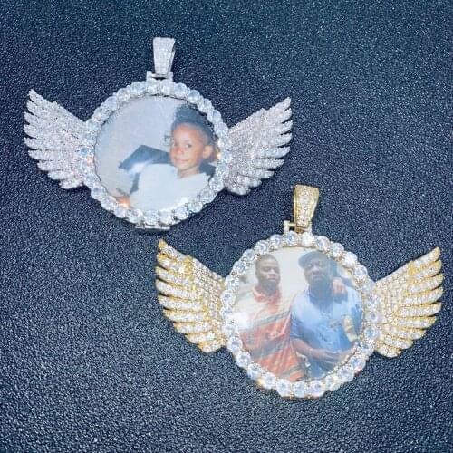 Custom Photo Frame Memory Necklace Bling Iced Out Angel Wing Medallions Pendants Necklace Men Women Hip Hop Rapper Jewelry