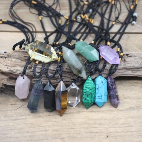 Healing Crystal Double Point Pendants Necklaces,Reiki Chakra Fluorite Amethysts Obsidian Quartz Bullet Pendulum Jewelry,QC3827