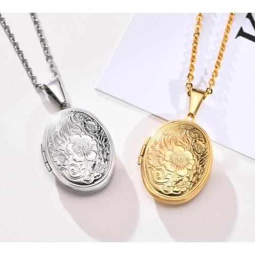 Delicate Floral Oval Heart Locket Pendant Necklaces for Women,Stainless Steel Photo Frame Promise Love Keepsake Gift