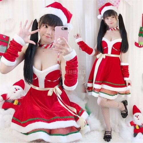 Women Sexy Christmas Festival Cosplay Bandage Sling Dress Sweet Girl Stage Show Performance Dress Costume with Sleeve Cover Hat