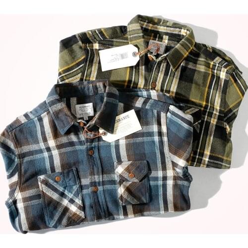 2020 Autumn New Thick Plaid Shirt Mens Fashion Pure Cotton Sanded Flannel Work Clothes Retro Long Sleeve Lapel Shirt for Men