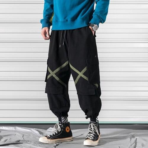 Spring Men Multi-pocket Streetwear Vintage Cargo Pants Knee Striped Straight Loose Joggers Pants Male Black Army Green M-5XL