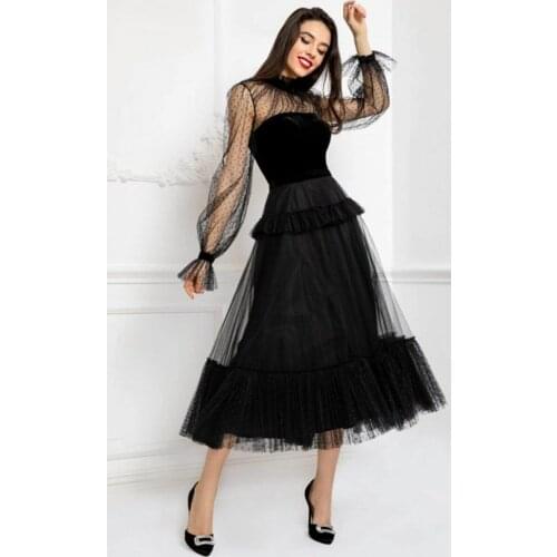 Vintage High Neck Long Sleeve Black Tulle Evening Dresses Middle East Tea Length Zipper Back Formal Party Dress for Wome