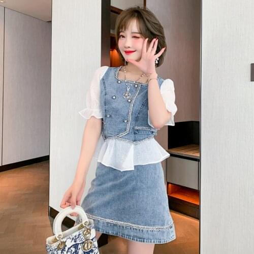 Awarose Women Puff Sleeve Ruffle Patchwork Denim Top + High Waist Denim Mini Skirt Highstreet Clothes Set Female Fashion 2 Piece