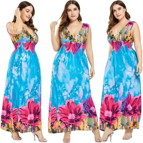 Plus Women Bohemia Sleeveless Maxi Dress V-Neck Floral Print Summer Beach Party Holiday Sundress Casual High Waist Dresses New