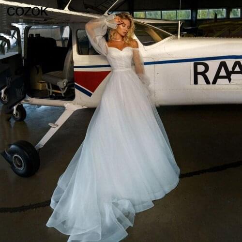 Elegant A-Line Off Shoulder Wedding Dress Puffy Long Sleeves Sweetheart Bridal Gown Pleats Tulle Brides Dress Vestido de novia