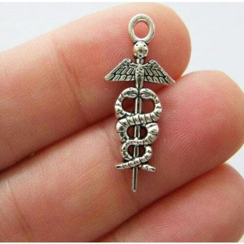 10Pcs Charms Caduceus Medical Symbol Md 26x17mm Antique Silver Color Pendants Accessories DIY Handmade Jewelry Making Craft