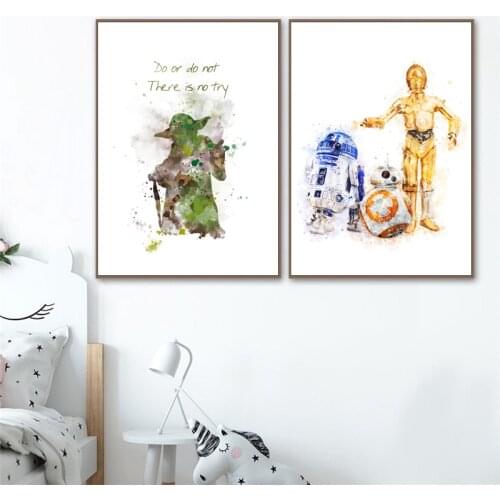 R2D2 Cartoon Watercolor Art Painting Classic Sci-fi Film Posters Fans Gifts BB-8 Canvas Prints Boys Wall Pictures Home Decor
