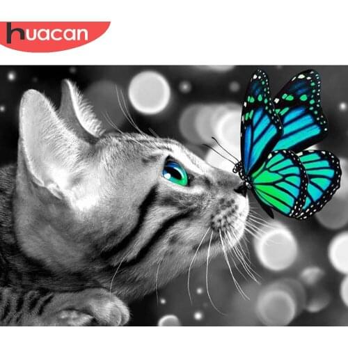 HUACAN Diamond Painting Cat Animal Wall Art 5D Diamond Embroidery Mosaic Butterfly Cross Stitch Room Decor